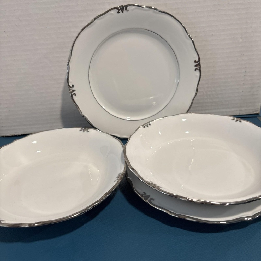 4 Piece White/ Silver Trim Bowls, Salad Plates From Bavaria, Western Germany